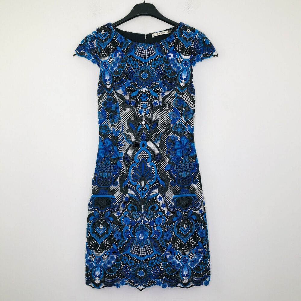 Alice + Olivia Women's 4 Mini Dress Blue Black Nakia Floral Lace Sheath CM5